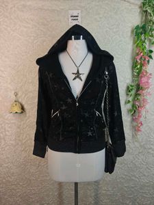 Black Star Print Zip-Up Hoodie
