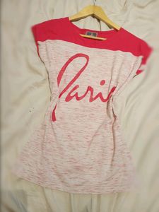 "Paris" Printed Pink &amp; Off White T-shirt, Size - S