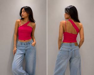 crossed  hot pink top with spaghetti strip