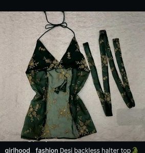 Green &amp; Gold Embroidered Halter Top