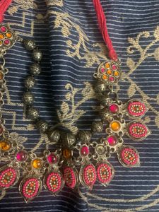 Oxidised Silver Necklace with Pink &amp; Yellow