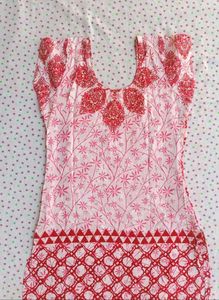 Pink Floral Kurta with Red Border and Leggings