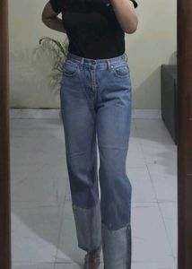 Women's Blue Denim Jeans with Contrast Cuffs
