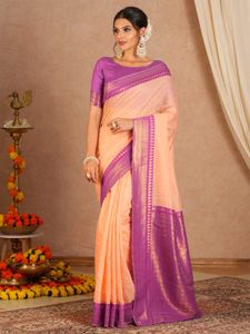 Beautiful Peach Saree with Purple Border