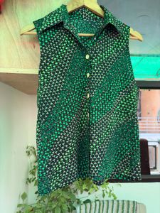 Vintage Green Floral Sleeveless Shirt