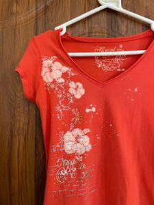 Orange V-Neck Floral Print T-Shirt