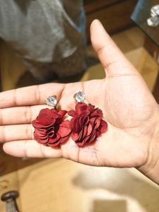 Red Floral Earrings with Crystal Studs