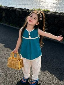 Teal Blue Top & White Pants Set for Girls