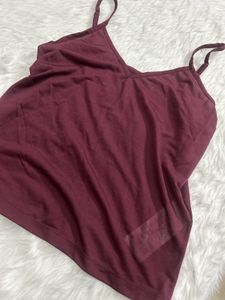Elegant Burgundy Sheer Button-Up With Inner
