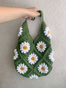 Green Daisy Crochet Tote Bag
