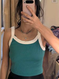 Teal & White Trim Crop Top