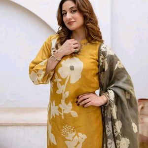 Floral Print Mustard Kurta Set
