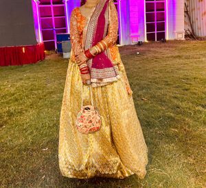 Orange And Golden Kurti And Skirt Set Without Dupatta