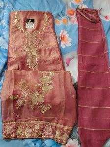 Embroidered fendi silk suit 4 side lace dupatta