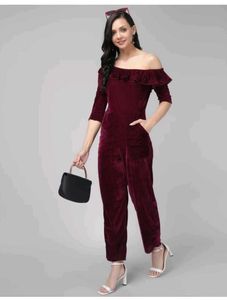 Velvet One-Shoulder Ruffle Jumpsuit Dress