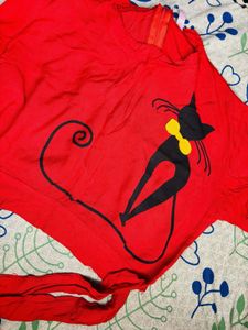 Cute Cat Print Red Top 🍓🐈‍⬛