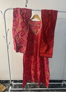 Vibrant Red Bandhani Kurta Set with Dupatta
