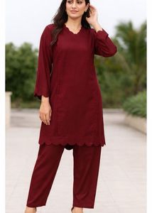 Maroon Kurta Set with Scalloped Edges