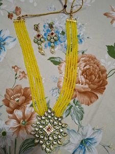Yellow Beaded Necklace Set with Earrings