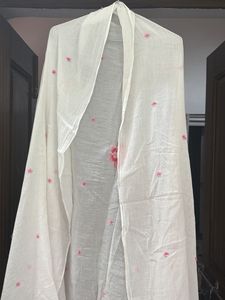 Elegant White pure Mul Kurta with Pink Bird Embroi