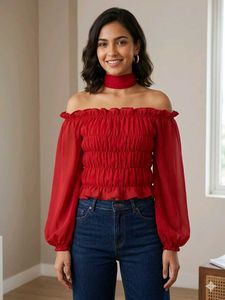 Chic Off-Shoulder Red Smocked Top