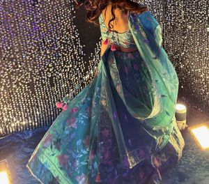 Beautiful Blue Floral Lehenga Choli Set with jewel