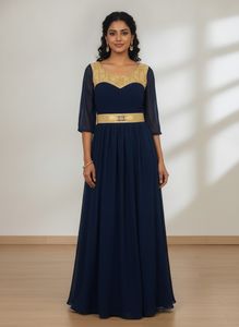 Elegant Navy Blue Gown with Belt attached