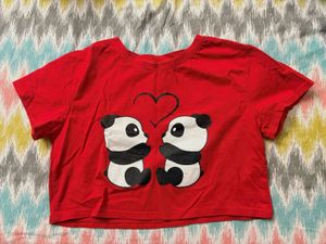 Cute Panda Graphic Red Cropped T-Shirt