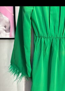 Feather Trimmed Emerald Green Wrap Dress