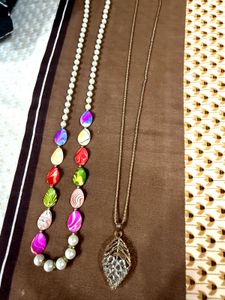 Set of 2 Boho Beaded &amp; Leaf Pendant Necklaces