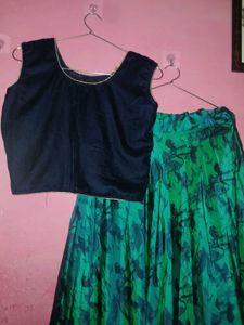 Embroidered Crop Top &amp; Printed Skirt Set