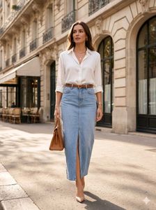 Light Wash Denim Maxi Skirt with Slit