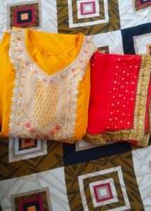 Elegant Yellow Kurta Set with Red Dupatta