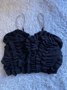 Bershka Chic Black Ruffled Crop Top