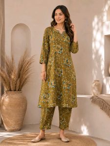 Olive Green Floral Print Kurta Set