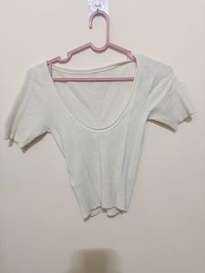 White Ribbed Knit Cropped Top