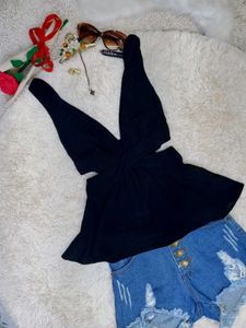 Chic Black Wrap-Front V-Neck Zara Top