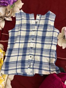 Blue &amp; White Plaid Embroidered Top