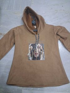 Beige Graphic Hoodie Top | Soft Winter Sweatshirt