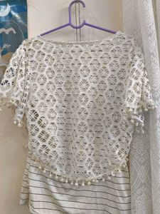White Lace Poncho Top with Pom-Pom Trim