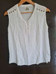 White Lace-Up V-Neck Sleeveless Tunic Top