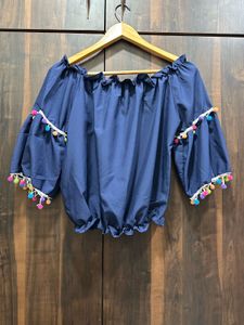 Blue Off-Shoulder Pom-Pom Top