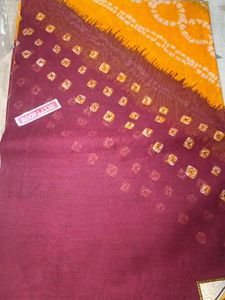 Yellow &amp; Maroon Bandhani Saree