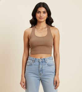 Brown Ribbed Halter Neck Crop Top