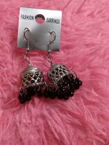 Elegant Silver Jhumka Earrings with Black Beads