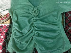 off white  Ruched Blouse with Floral Accent