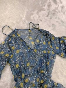 Blue Floral Tiered Ruffle Dress