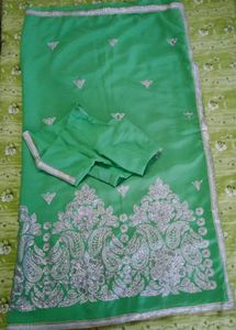 🆕NEW Green Silver Embroidery Saree With Blouse