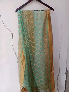 Duppata festive sea green golden colour