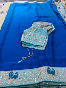 Royal Blue Designer Saree with Ready-Made Stitched